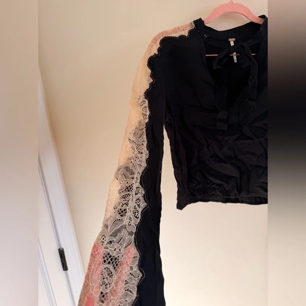 Free People Black Blouse with Lace Accents